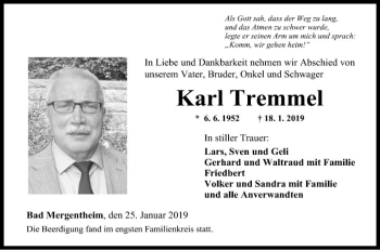 Traueranzeige von Karl Tremmel von Fränkische Nachrichten