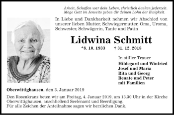 Traueranzeige von Lidwina Schmitt von Fränkische Nachrichten