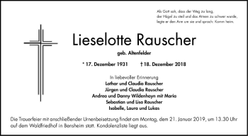 Traueranzeige von Lieselotte Rauscher von Bergsträßer Anzeiger