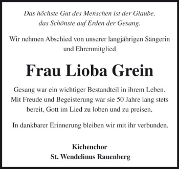 Traueranzeige von Lioba Grein von Fränkische Nachrichten