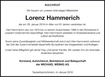 Traueranzeige von Lorenz Hammerich von Fränkische Nachrichten