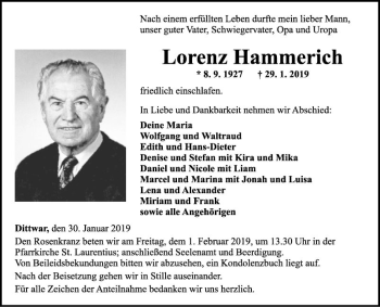 Traueranzeige von Lorenz Hammerich von Fränkische Nachrichten