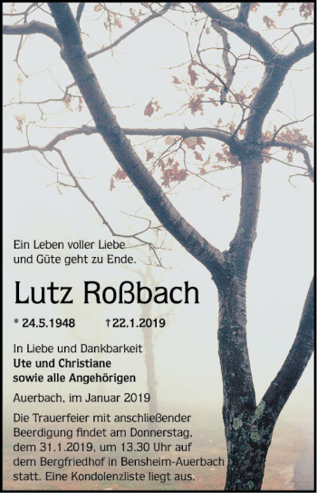 Traueranzeige von Lutz Roßbach von Bergsträßer Anzeiger