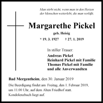 Traueranzeige von Margarethe Pickel von Fränkische Nachrichten