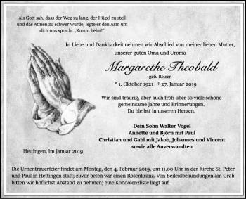 Traueranzeige von Margarethe Theobald von Fränkische Nachrichten