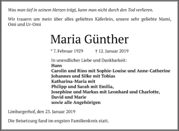 Traueranzeige von Maria Günther von Mannheimer Morgen