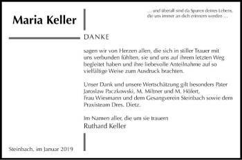 Traueranzeige von Maria Keller von Fränkische Nachrichten