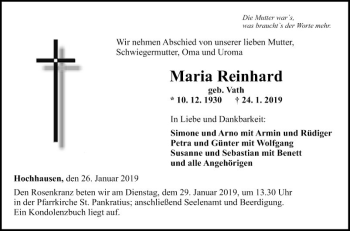 Traueranzeige von Maria Reinhard von Fränkische Nachrichten