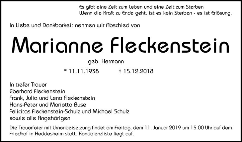  Traueranzeige für Marianne Fleckenstein vom 10.01.2019 aus Mannheimer Morgen
