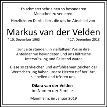 Traueranzeige von Markus van der Velden von Mannheimer Morgen