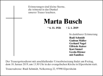 Traueranzeige von Marta Busch von Fränkische Nachrichten