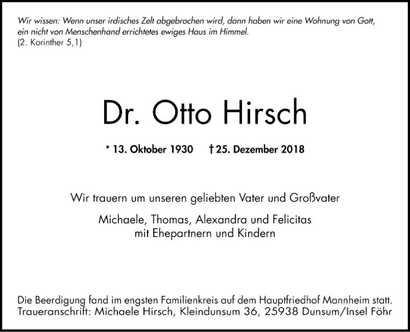  Traueranzeige für Otto Hirsch vom 12.01.2019 aus Mannheimer Morgen