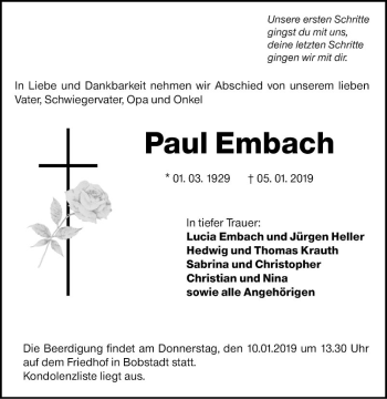 Traueranzeige von Paul Embach von Südhessen Morgen