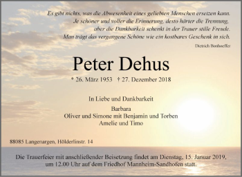 Traueranzeige von Peter Dehus von Mannheimer Morgen