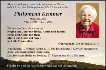 Traueranzeige von Philomena Kemmer von Fränkische Nachrichten