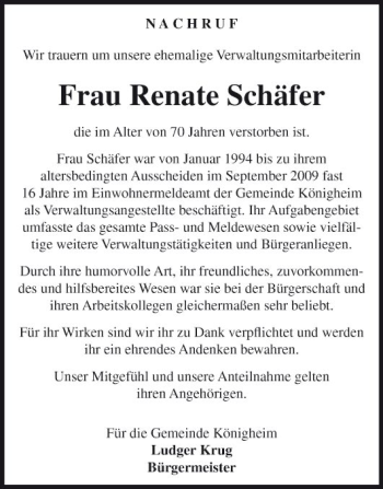 Traueranzeige von Renate Schäfer von Fränkische Nachrichten