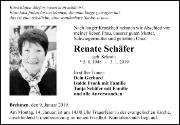 Traueranzeige von Renate Schäfer von Fränkische Nachrichten