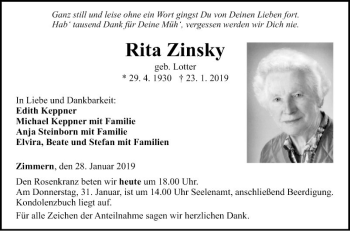 Traueranzeige von Rita Zinsky von Fränkische Nachrichten