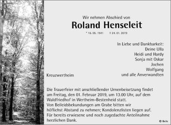 Traueranzeige von Roland Henseleit von Fränkische Nachrichten