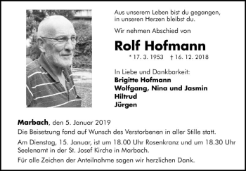 Traueranzeige von Rolf Hofmann von Fränkische Nachrichten