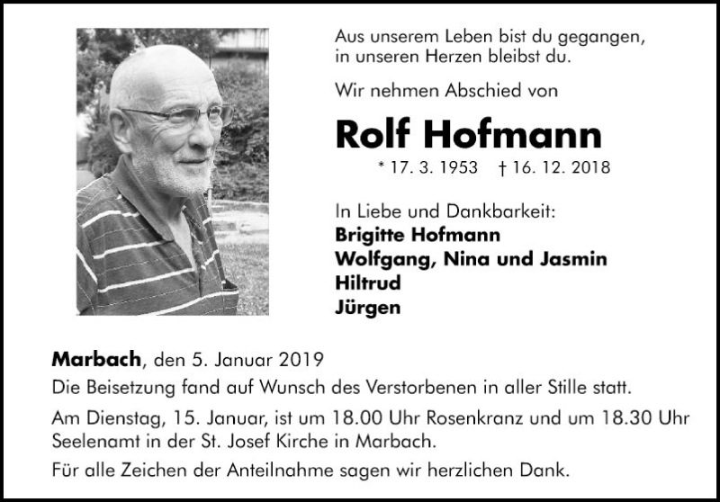  Traueranzeige für Rolf Hofmann vom 05.01.2019 aus Fränkische Nachrichten