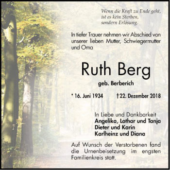 Traueranzeige von Ruth Berg von Mannheimer Morgen