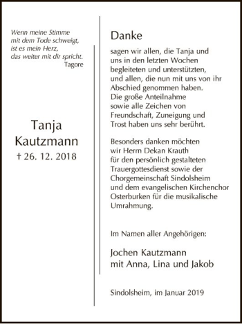 Traueranzeige von Tanja Kautzmann von Fränkische Nachrichten