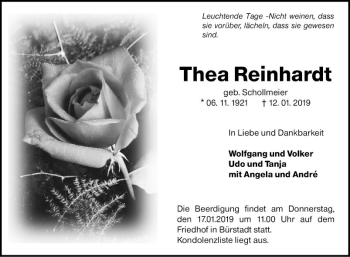 Traueranzeige von Thea Reinhardt von Südhessen Morgen