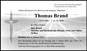 Traueranzeige von Thomas Brand von Fränkische Nachrichten