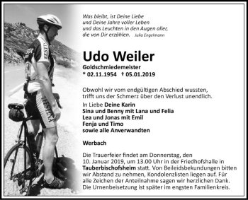 Traueranzeige von Udo Weiler von Fränkische Nachrichten