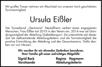 Traueranzeige von Ursula Eißler von Schwetzinger Zeitung