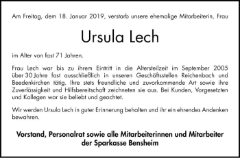 Traueranzeige von Ursula Lech von Bergsträßer Anzeiger