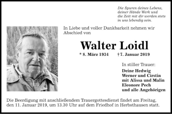 Traueranzeige von Walter Loidl von Fränkische Nachrichten