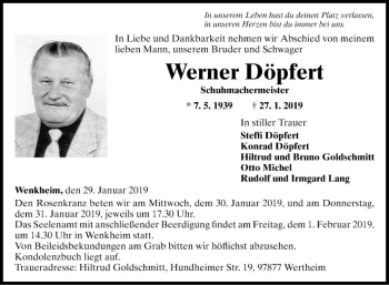 Traueranzeige von Werner Döpfert von Fränkische Nachrichten