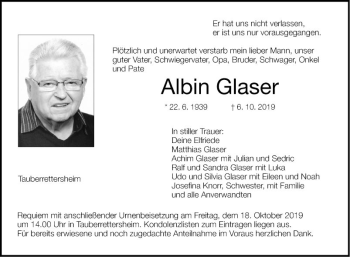 Traueranzeige von Albin Glaser von Fränkische Nachrichten