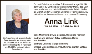 Traueranzeige von Anna Link von Fränkische Nachrichten