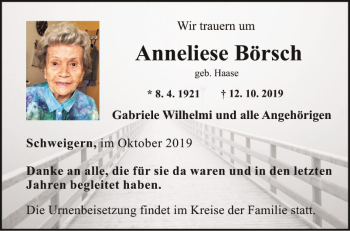 Traueranzeige von Anneliese Börsch von Fränkische Nachrichten