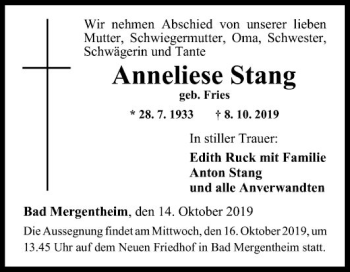 Traueranzeige von Anneliese Stang von Fränkische Nachrichten