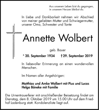 Traueranzeige von Annette Wolbert von Mannheimer Morgen