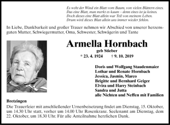 Traueranzeige von Armella Hornbach von Fränkische Nachrichten