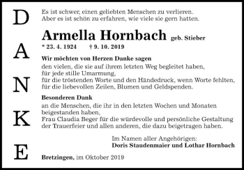 Traueranzeige von Armella Hornbach von Fränkische Nachrichten