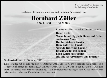 Traueranzeige von Bernhard Zöller von Fränkische Nachrichten