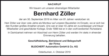 Traueranzeige von Bernhard Zöller von Fränkische Nachrichten