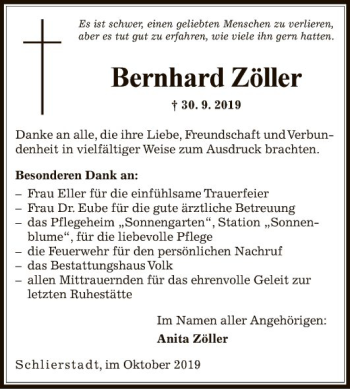 Traueranzeige von Bernhard Zöller von Fränkische Nachrichten