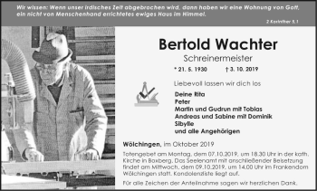 Traueranzeige von Bertold Wachter von Fränkische Nachrichten