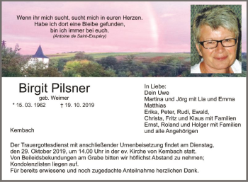 Traueranzeige von Birgit Pilsner von Fränkische Nachrichten