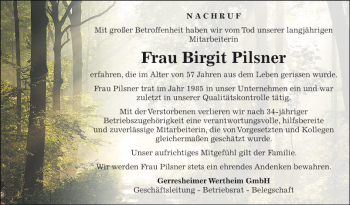 Traueranzeige von Birgit Pilsner von Fränkische Nachrichten