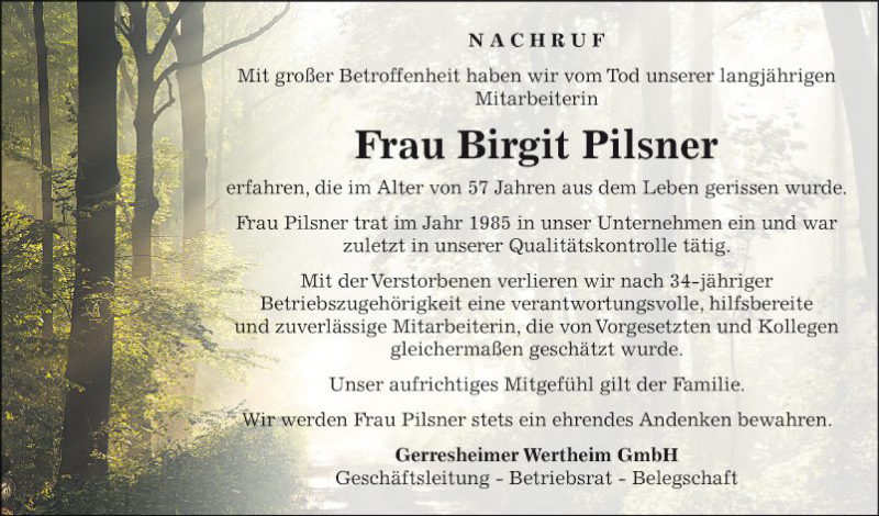  Traueranzeige für Birgit Pilsner vom 26.10.2019 aus Fränkische Nachrichten