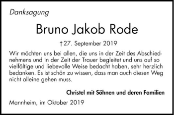 Traueranzeige von Bruno Jakob Rode von Mannheimer Morgen