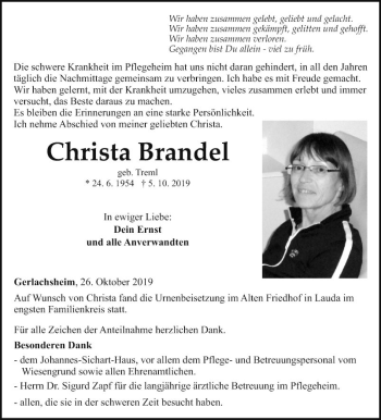 Traueranzeige von Christa Brandel von Fränkische Nachrichten